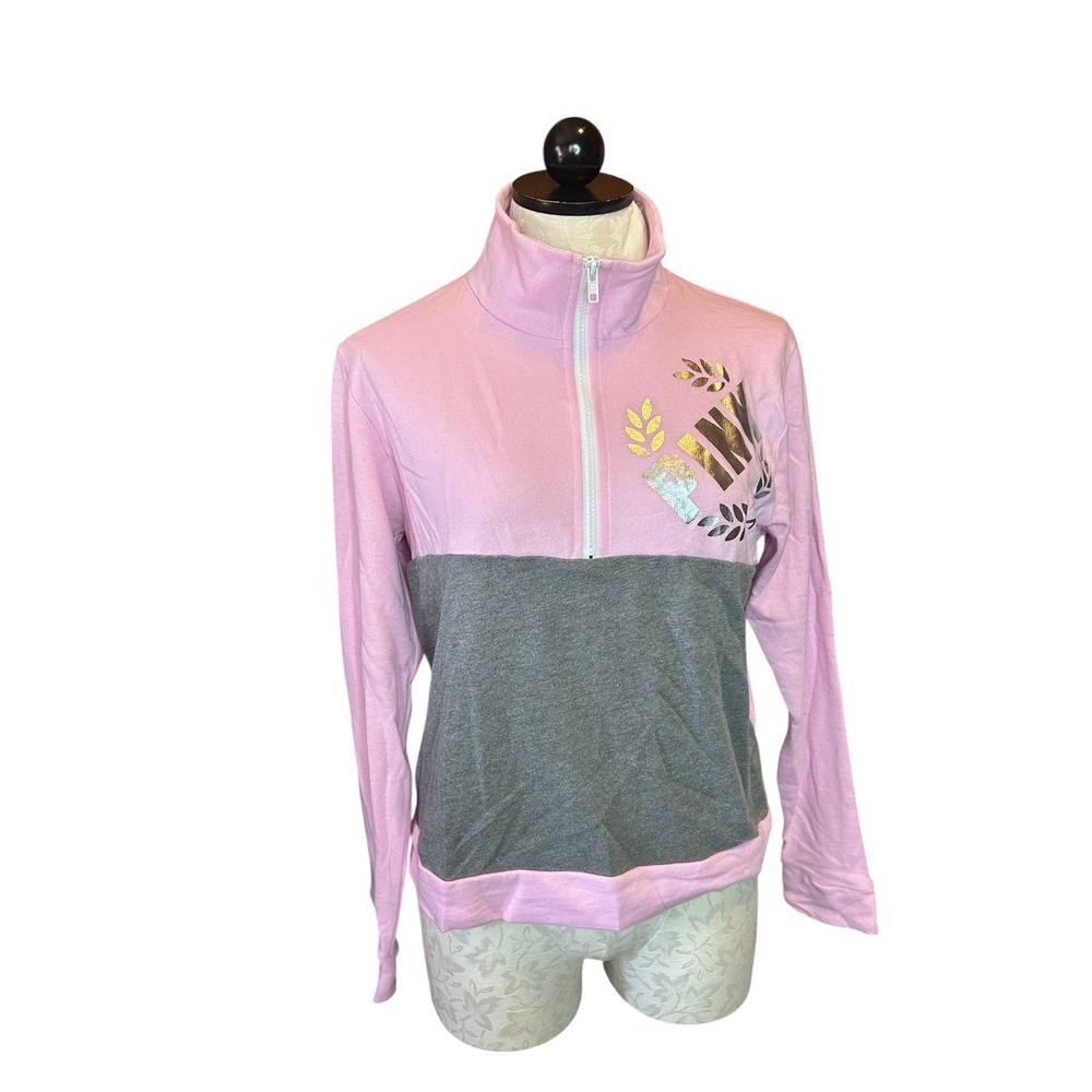 Victoria's Secret PINK Quarter Zip‎ Pullover Pink Gray Colorblock Silver Logo S